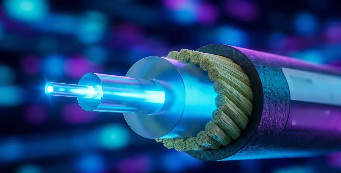 Filamentos de fibra óptica transmitindo luz e dados em alta velocidade.