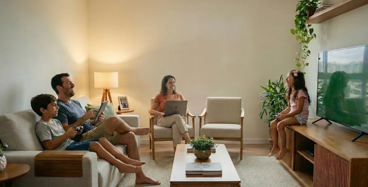 Família utilizando múltiplos dispositivos conectados à internet residencial de alta velocidade simultaneamente.