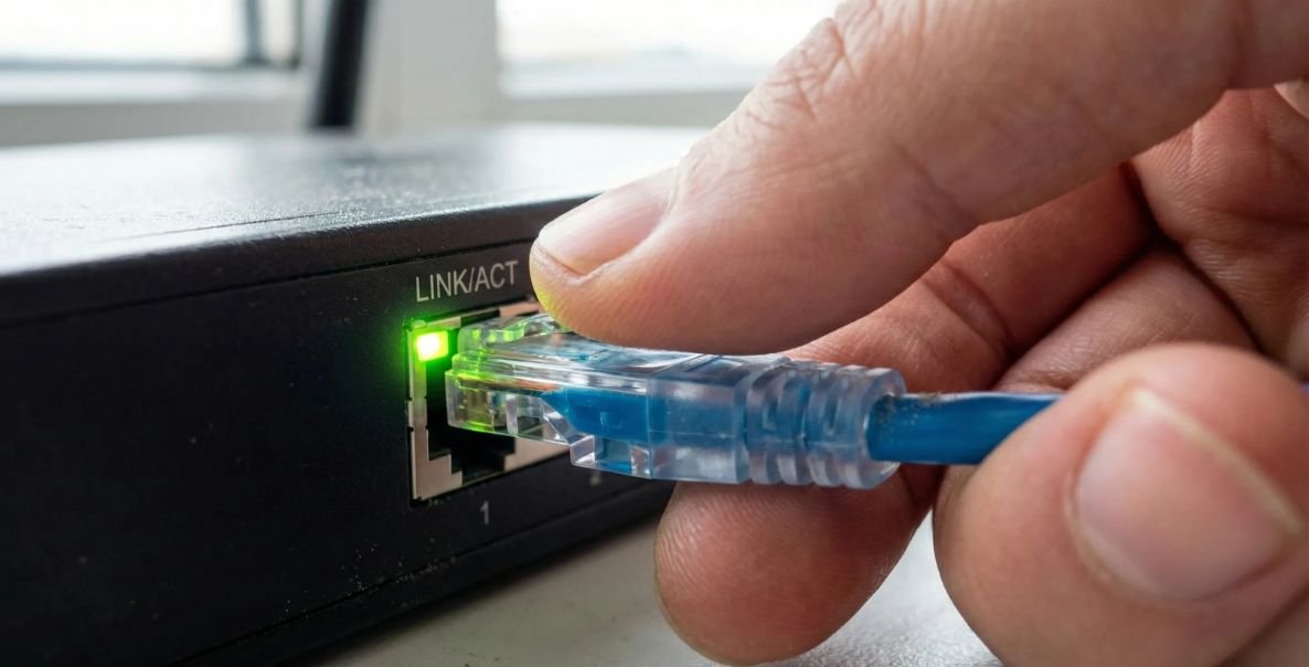 Cabo de rede Ethernet conectado garantindo estabilidade para jogos e trabalho.