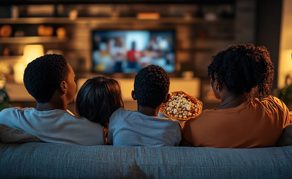 Família assistindo a filmes na TV com conexão de alta velocidade.