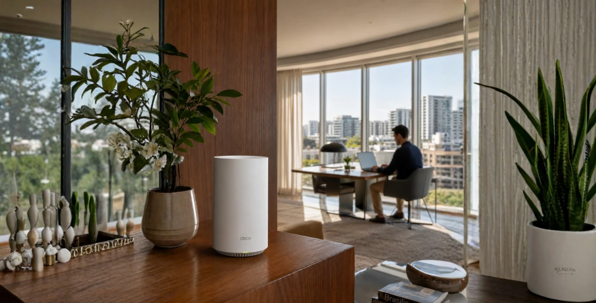 Dispositivo Mesh Wi-Fi minimalista posicionado em um apartamento moderno em Brasília.